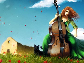 小清新 温馨一刻 女孩 大提琴 草地