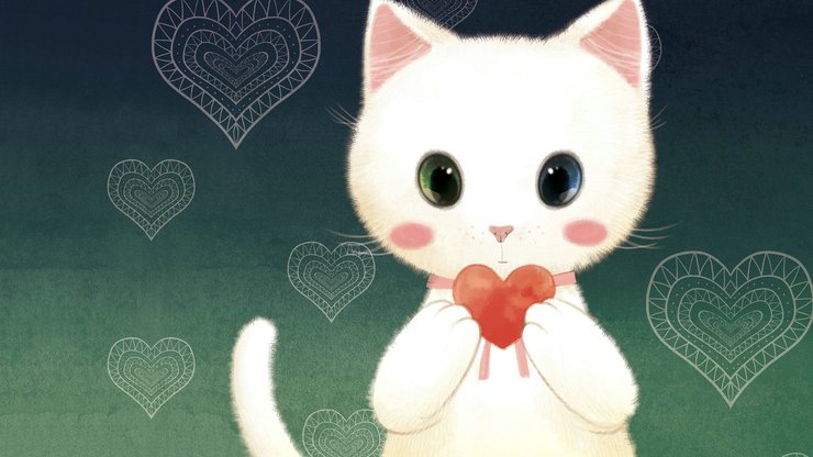 爱情美图 浪漫手绘 小白猫 心动