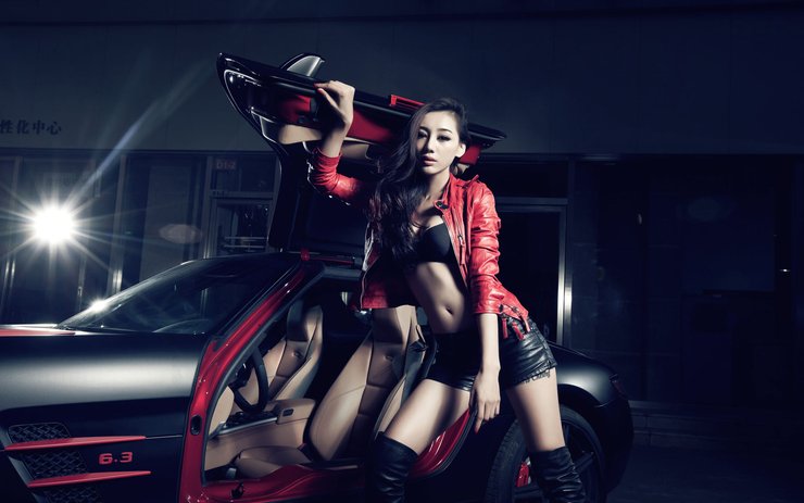 安卓手机汽车 超跑 奔驰AMG SLS 63 美女 性感 改联 动感车模高清壁纸