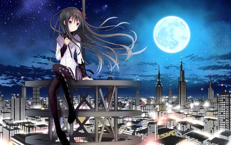 安卓手机动漫 CG 漫画 美女 可爱 清纯 月夜 城市 草泥马高清壁纸