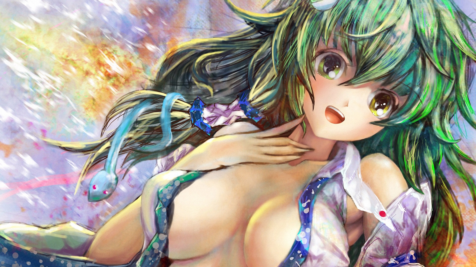 动漫少女 可爱 巨乳 插画 手绘 东风谷早苗高清手机壁纸免费下载,安心